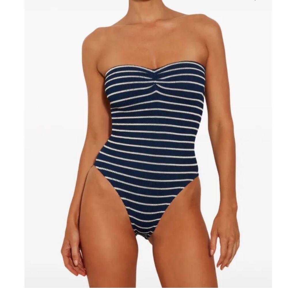 NWT Hunza G Brooke Striped Navy Blue White Swimsuit Strapless Monokini Bikini